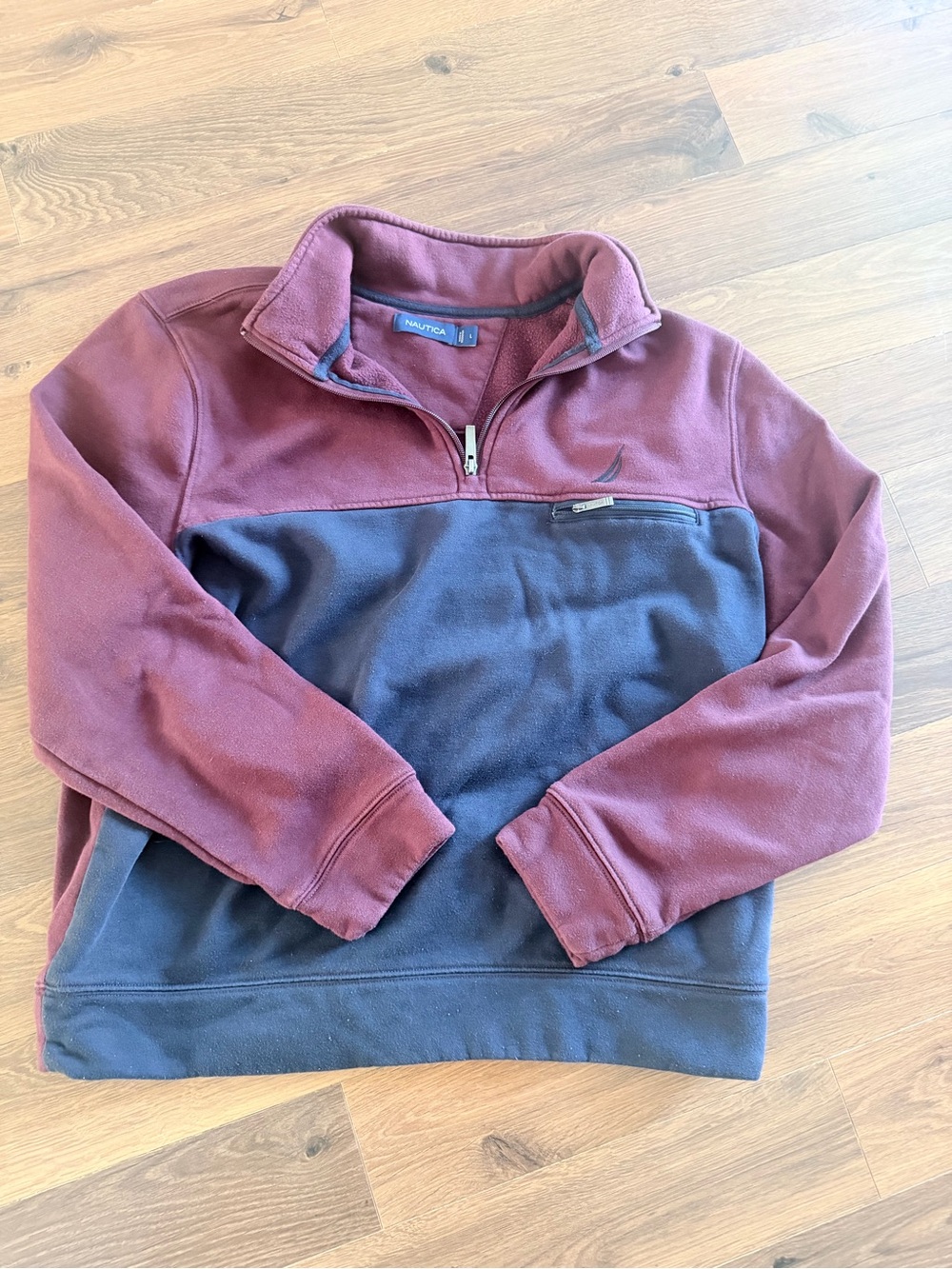 Nautica Men's Two-Tone Burgundy and Navy Quarter-Zip Fleece Pullover